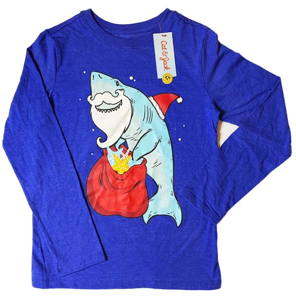 Cat & Jack Christmas Holiday Shark Santa Claus Long Sleeve T-Shirt